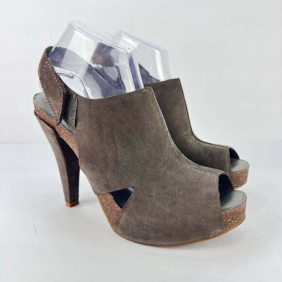 Nine West Ellis Leather Platform Wood Slingback Dark Gray/Taupe High Heels 8 - Picture 2 of 13